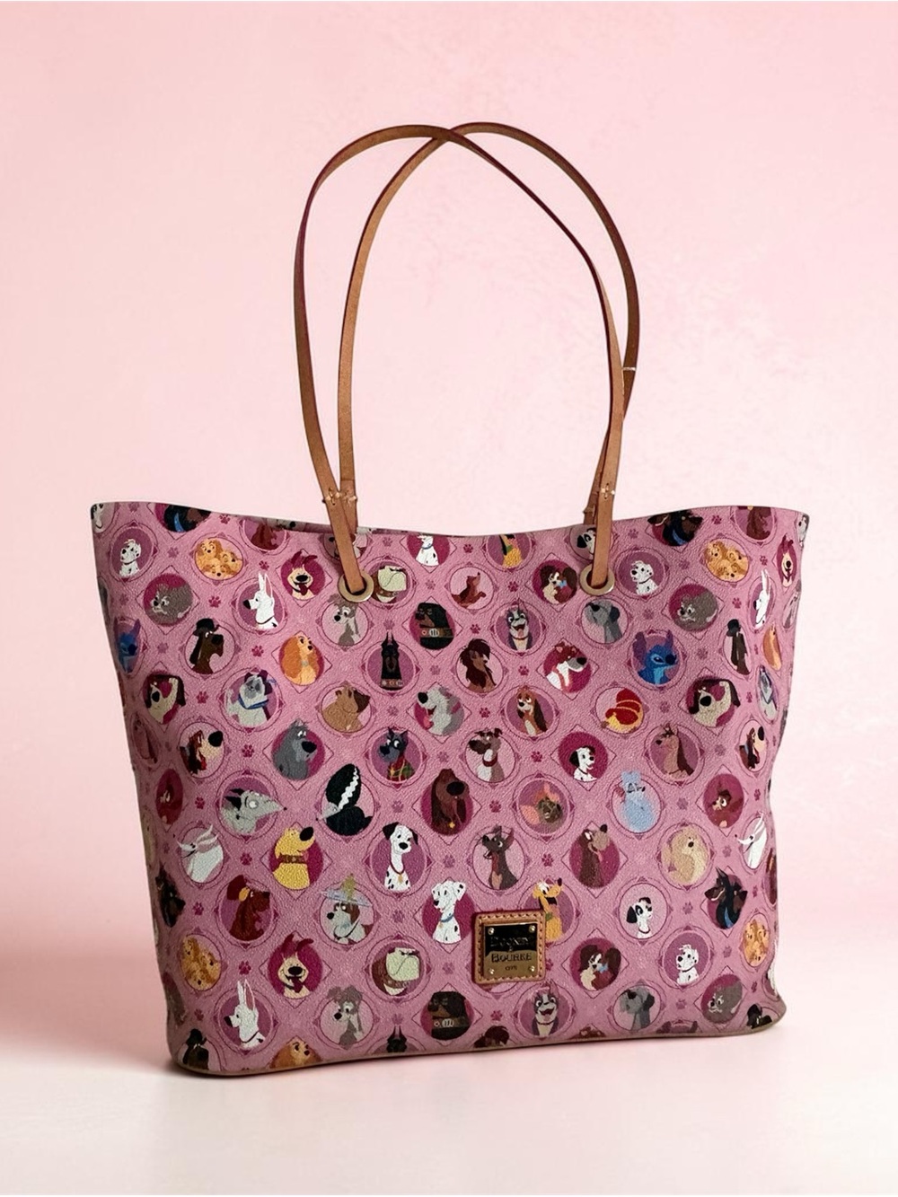 Dooney & Bourke Pink Disney Dogs Tote with Tan Leather Straps